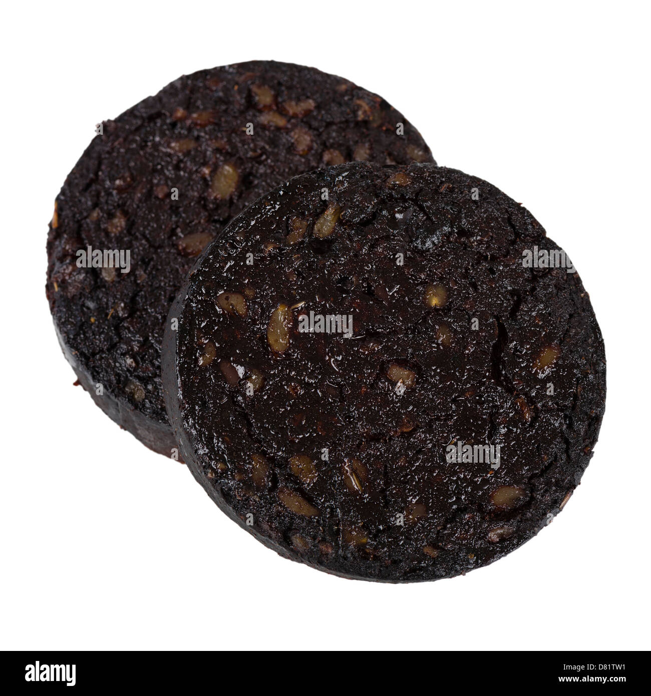 Black Pudding - Sausage made with pig's blood, oatmeal and spices isolated on a white background. Typical British cuisine. Stock Photo