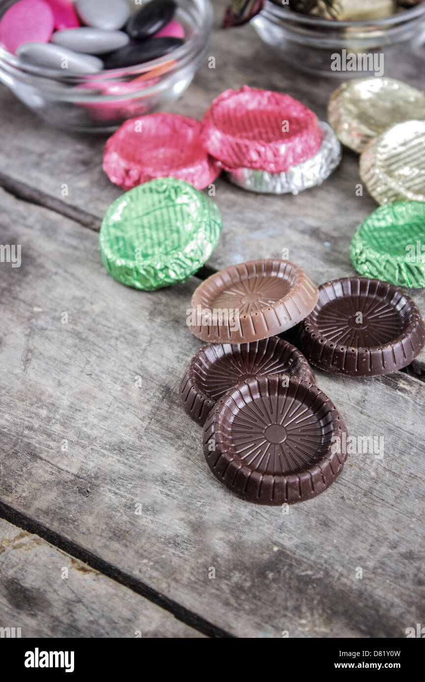 chocolate bar on a wooden table, close up photo Stock Photo