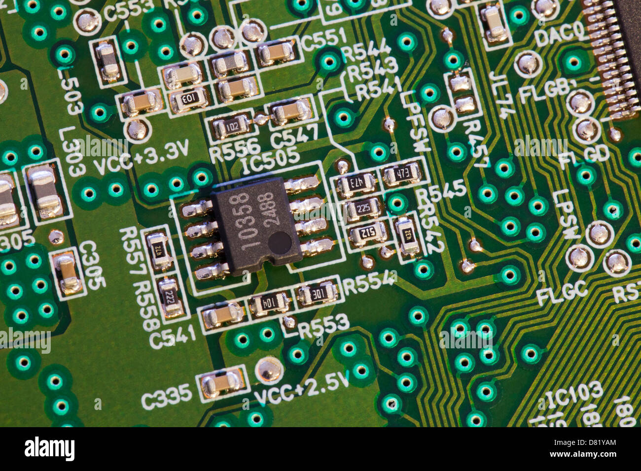 Closeup detail of IC chip on circuit board Stock Photo