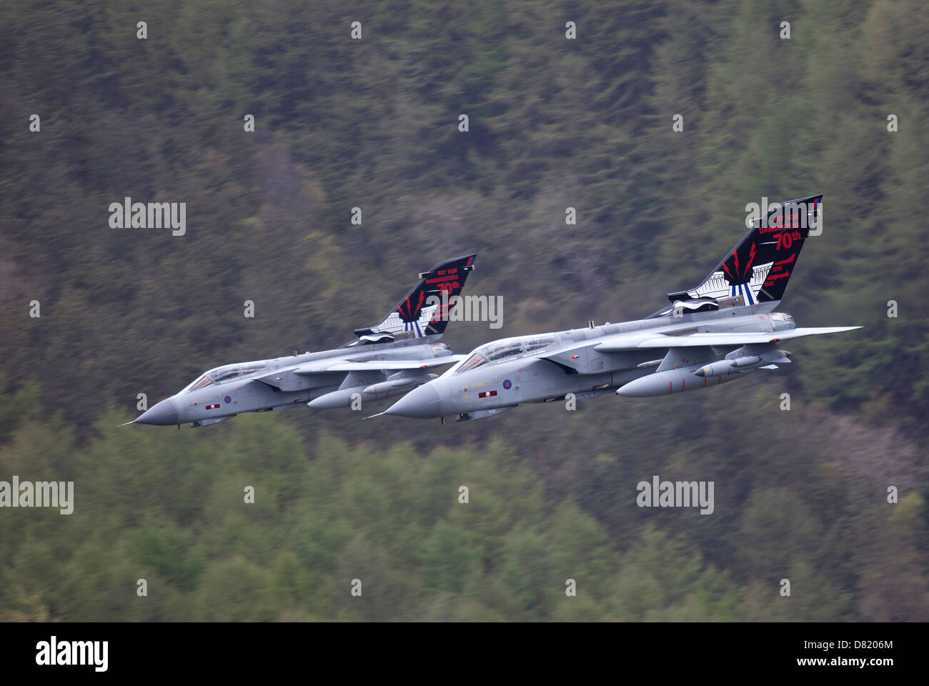 RAF 617 'Dambusters' Squadron GR4A Tornado jet flying along the Derwent valley in Derbyshire to commemorate the 70th anniversary Stock Photo