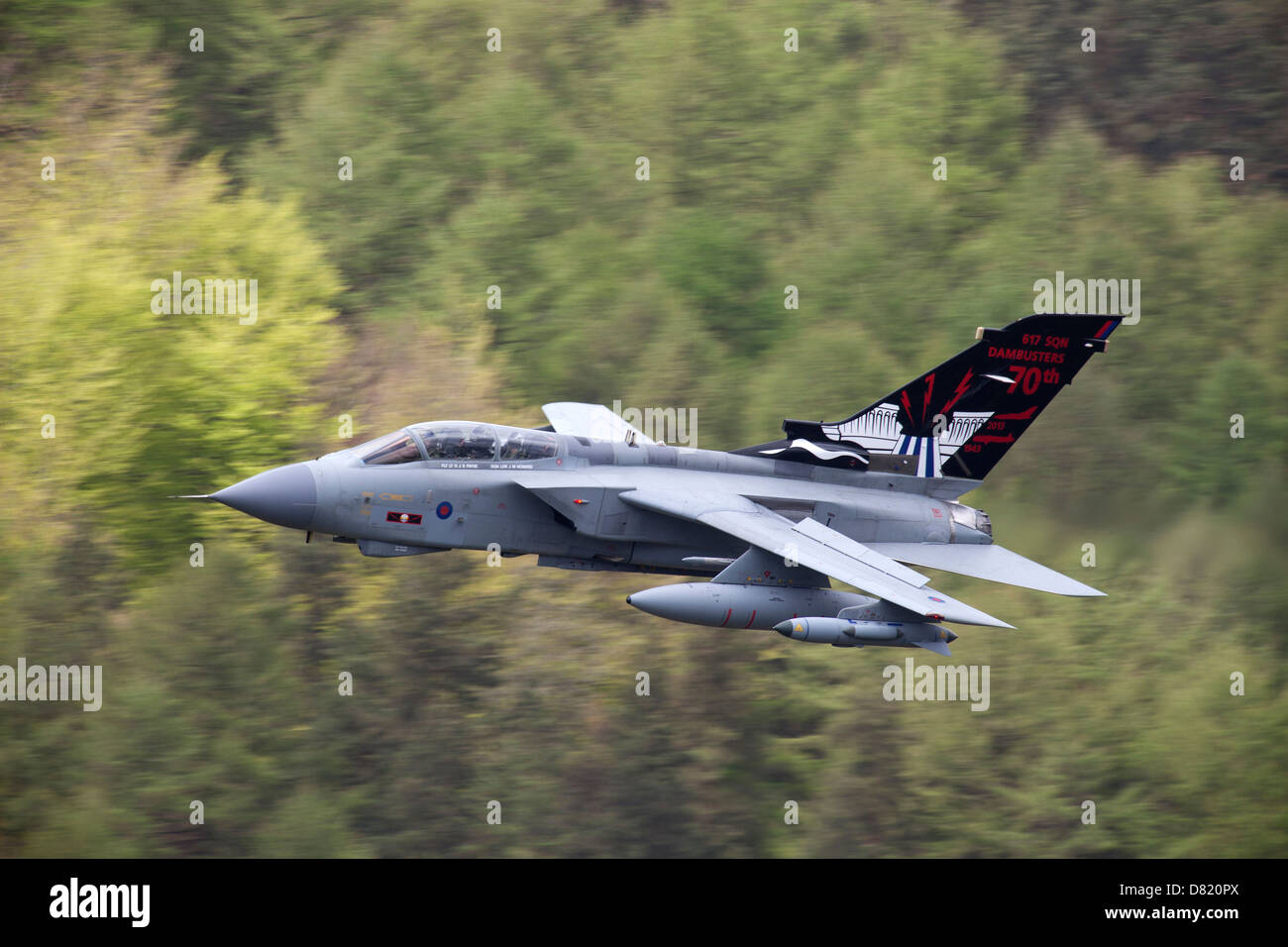 RAF 617 'Dambusters' Squadron GR4A Tornado jet flying along the Derwent valley in Derbyshire to commemorate the 70th anniversary Stock Photo