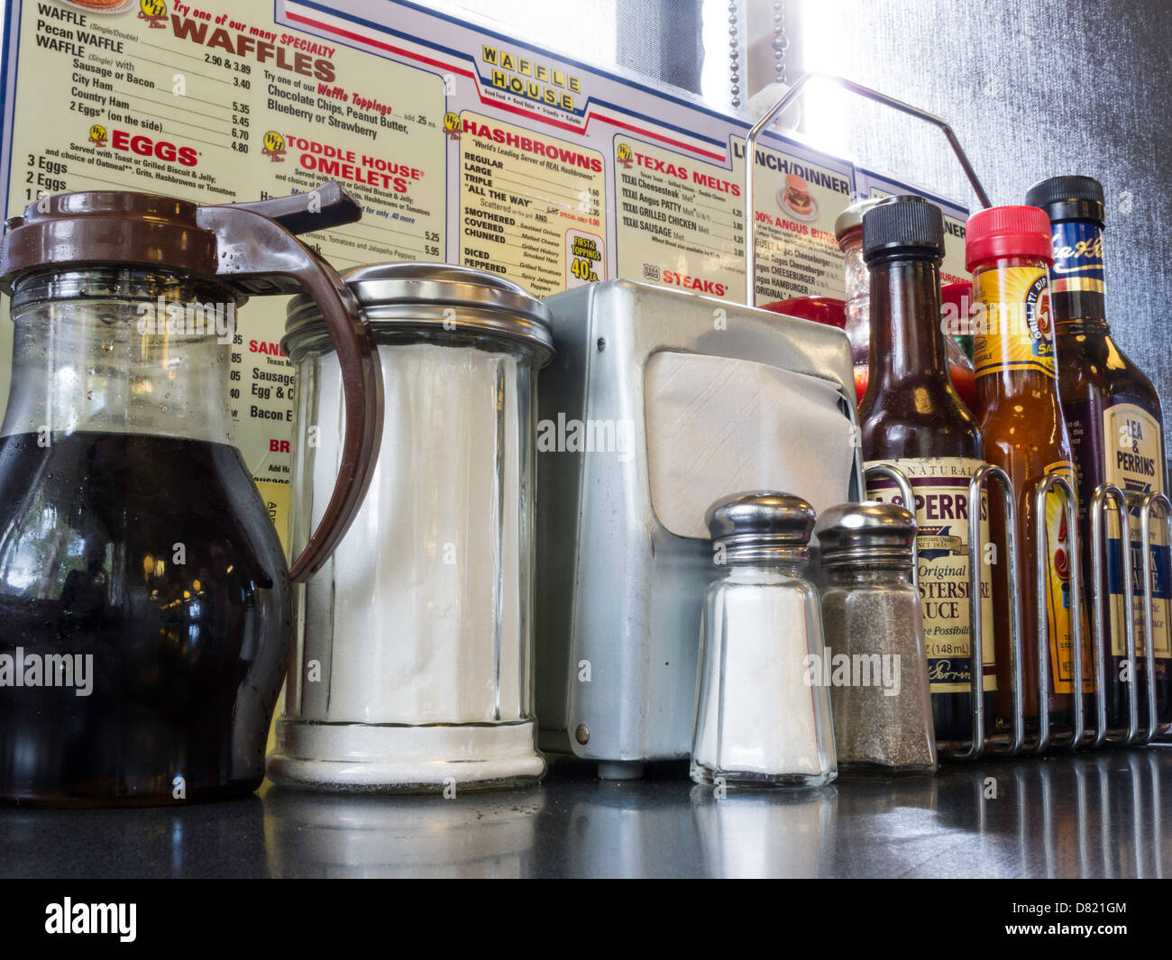 Table Top Condiments and Menu, Waffle House Restaurant, USA Stock Photo