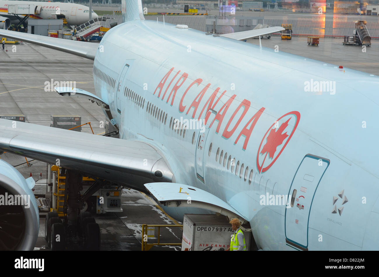 The side of an Air Canada passenger plane. Stock Photo