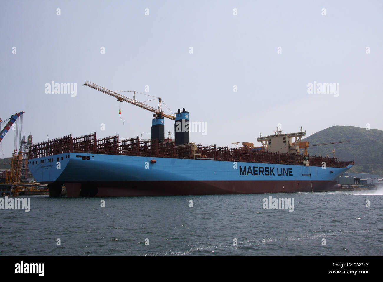 Maersk McKinney Moller the first 18,000 teu Triple-E container ship photographed while fitting out at DSME shipyard Stock Photo
