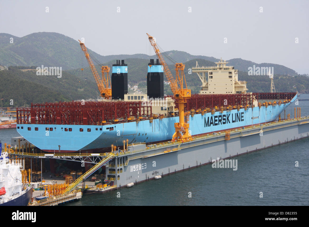 Maersk Lines 18,000teu Triple-E container ship Marie Maersk, photographed while fitting out at DSME shipyard in Okpo Stock Photo