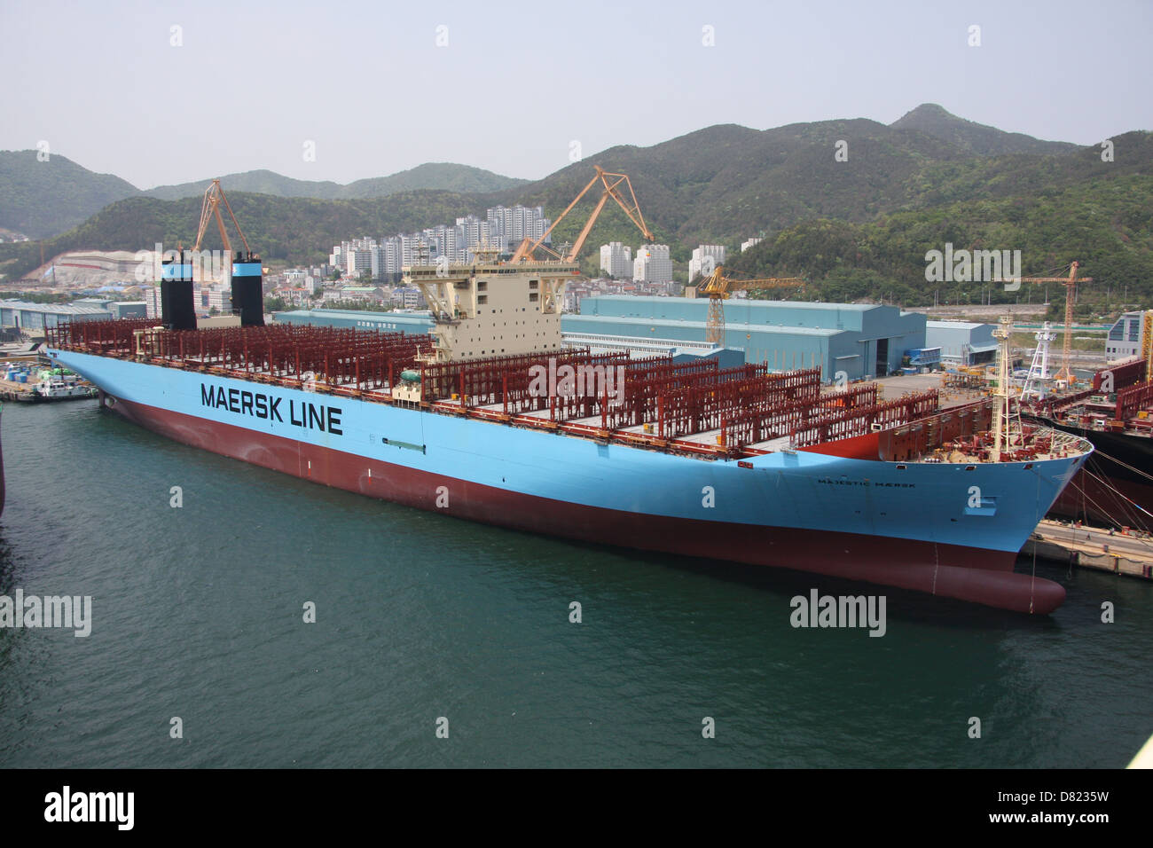 Maersk Lines 18,000teu Triple-E container ship Majestic Maersk, photographed while fitting out at DSME shipyard in Okpo Stock Photo
