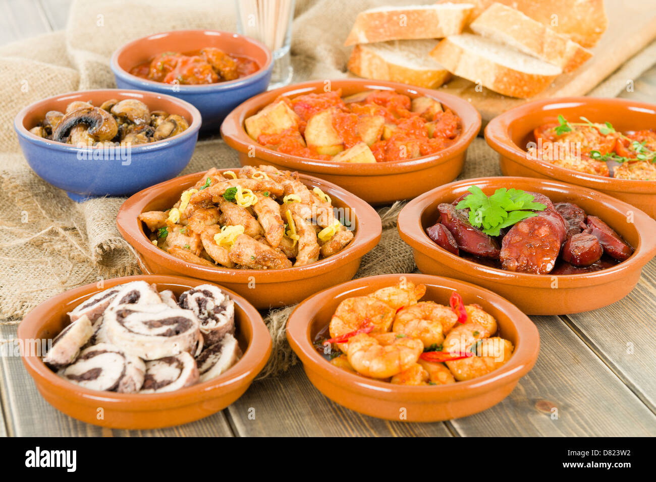 Tapas - chorizo al vino, gambas pil pil, patatas bravas, albondigas