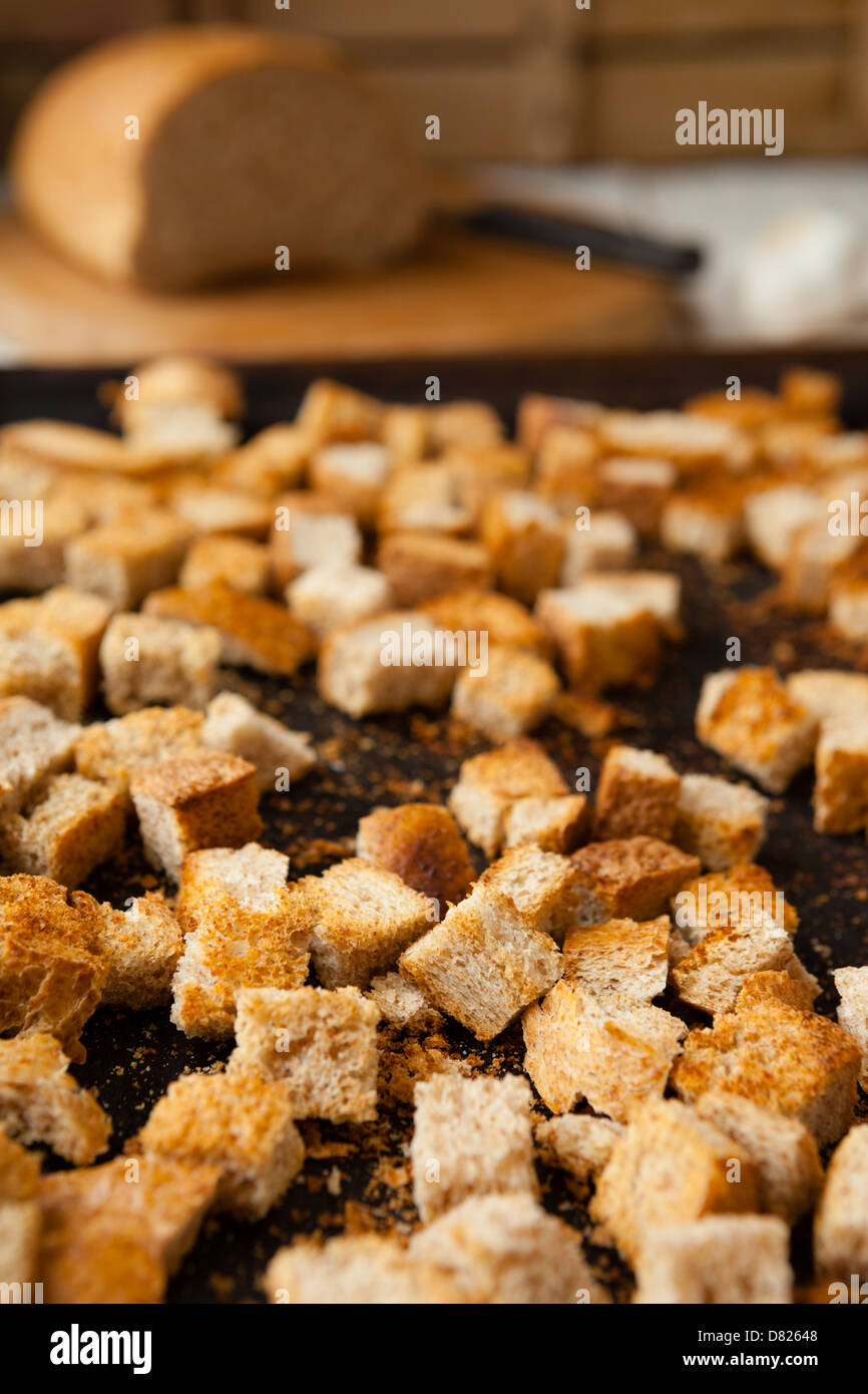 dried in the oven bread cubes, croutons closeup food Stock Photo Alamy