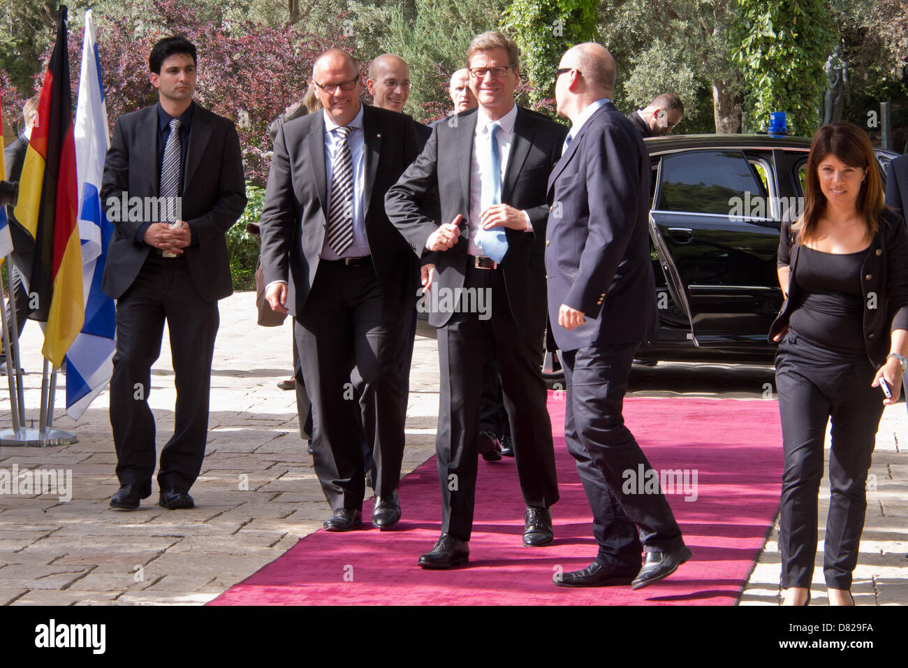 Jerusalem, Israel. 17th May 2013. German FM, Guido Westerwelle (forefront center), arrives on an official visit with Israeli President Peres at the Presidents' residence. Jerusalem, Israel. 17-May-2013.  Israeli President Shimon Peres hosts Minister of Foreign Affairs of the Federal Republic of Germany, Guido Westerwelle, for a diplomatic work meeting at the Presidents' Residence. Credit:  Nir Alon / Alamy Live News Stock Photo