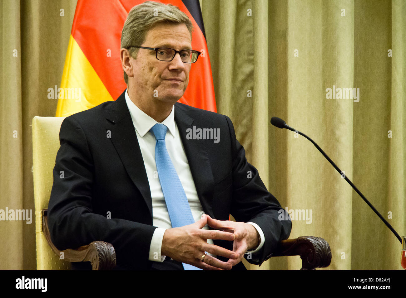 Jerusalem, Israel. 17th May 2013. German FM, Guido Westerwelle, thanks President Peres for his welcome and makes a statement on central issues in the region, strengthening cooperation between the countries and expresses support for US Kerry's peace initiative. Jerusalem, Israel. 17-May-2013.  Israeli President Shimon Peres hosts Minister of Foreign Affairs of the Federal Republic of Germany, Guido Westerwelle, for a diplomatic work meeting at the Presidents' Residence. Credit:  Nir Alon / Alamy Live News Stock Photo