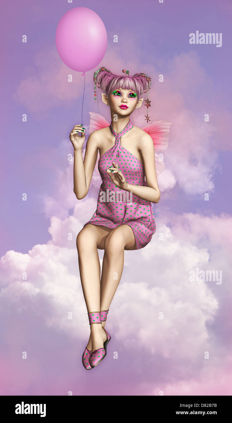 a little fairy sitting on a cloud and a balloon in her hand Stock Photo