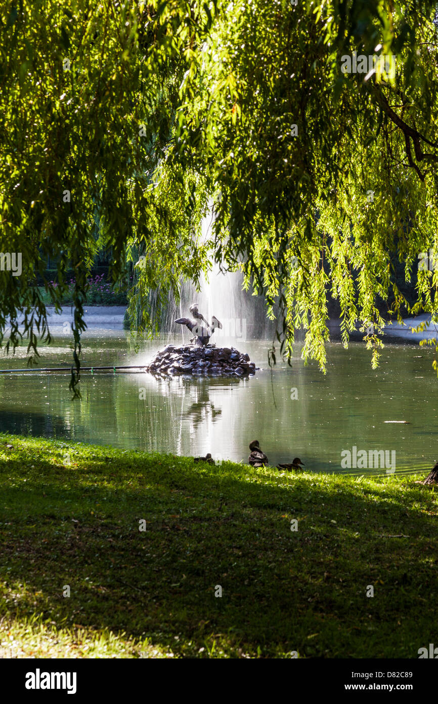 Small fountain in the pond in Ogród Saski, Saxon Garden, the oldest public park in Warsaw, Poland. Stock Photo