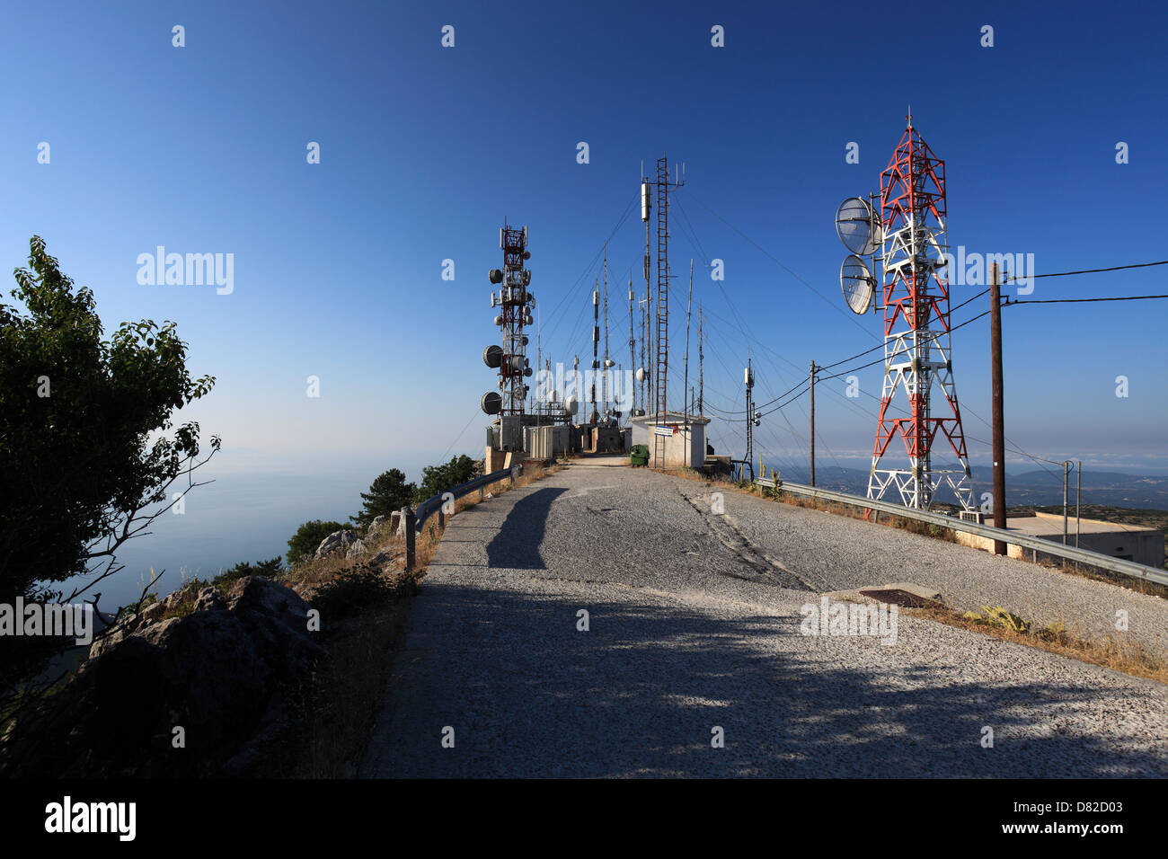 Communication Towers on the summit of Pantokrator Mountain, Municipality of Thimali, Corfu Island, Greece. Stock Photo