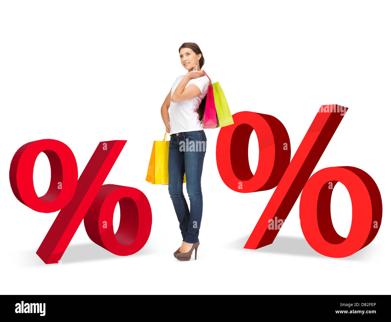 woman with shopping bags and percent signs Stock Photo