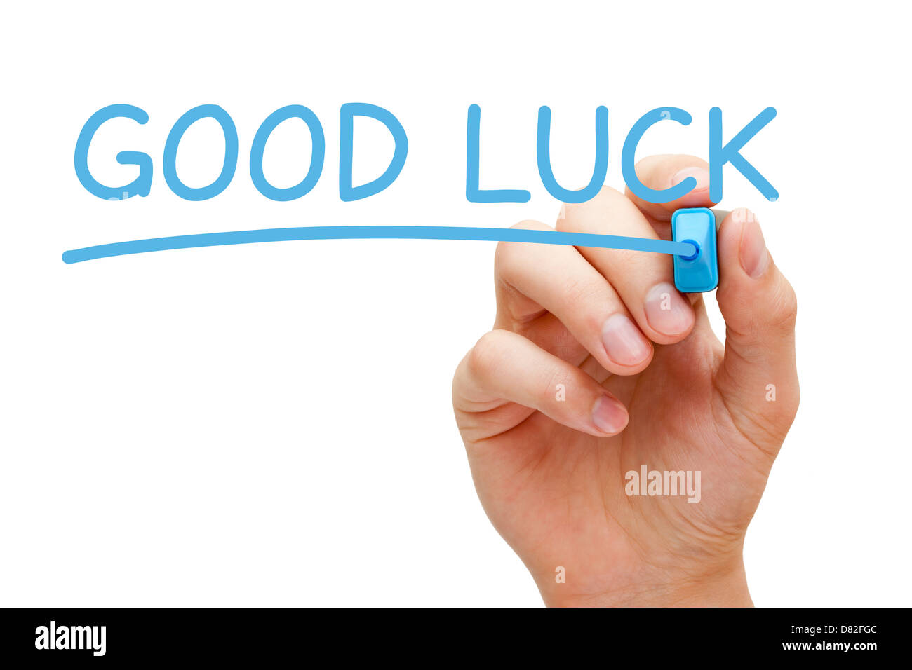 Hand writing Good Luck with blue marker on transparent wipe board. Stock Photo