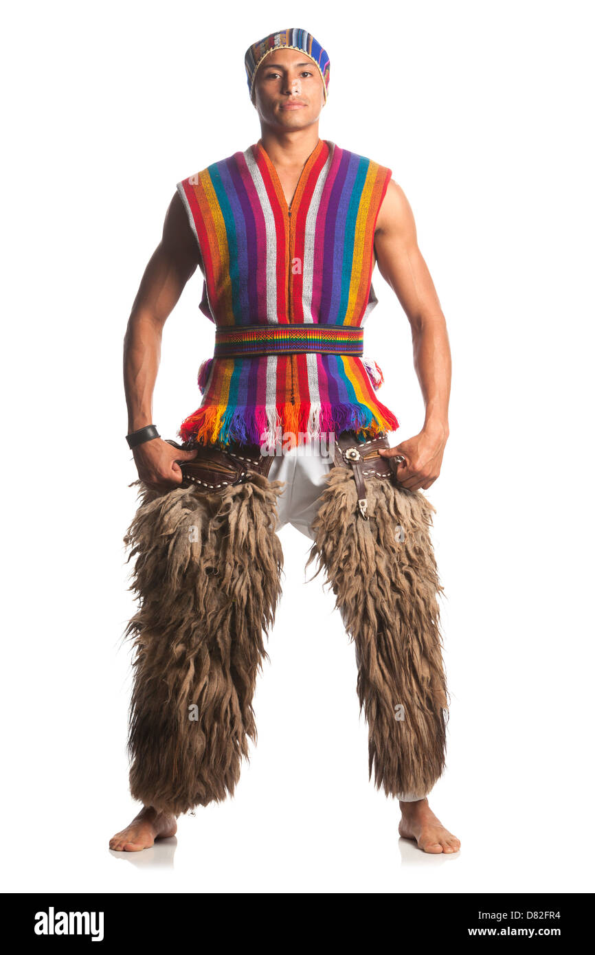 Ecuadorian Dancer Dressed Up In Traditional Costume From The Highlands Llama Or Alpaca Pants Studio Shot Isolated On White Stock Photo