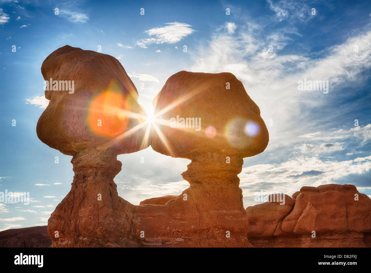 Sunburst through Hoodoos, Goblin Valley State Park, Utah Stock Photo