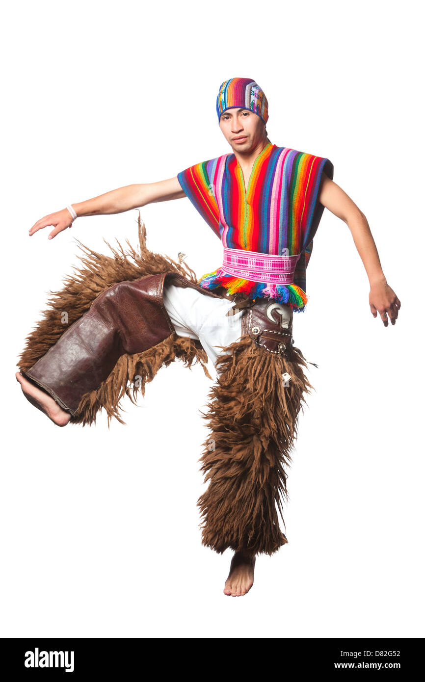 Ecuadorian Dancer Dressed Up In Traditional Clothing From The Andes Performing A Jump Llama Or Alpaca Pants Studio Shot Isolated On White Stock Photo