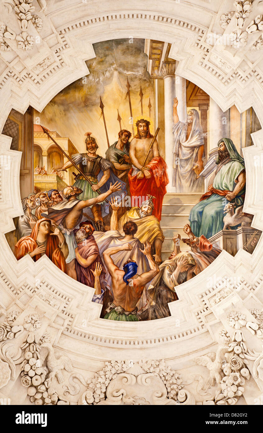 PALERMO - APRIL 8: Fresco of Jesus for Pilatus scene on ceiling of side nave in church La chiesa del Gesu or Casa Professa. Stock Photo