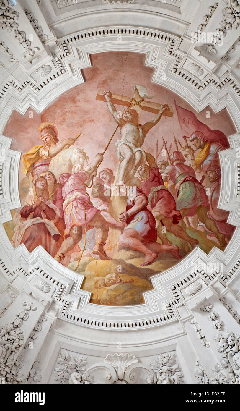 PALERMO - APRIL 8: Crucifixion scene on ceiling of side nave in church La chiesa del Gesu Stock Photo