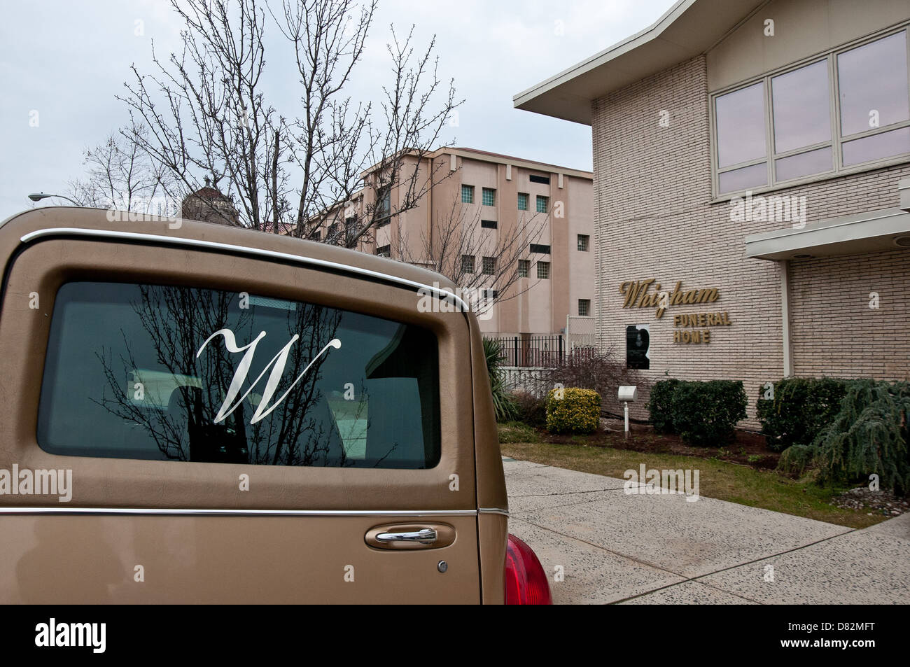 The hearse which carried Whitney houston's body to Whigham Funeral Home
