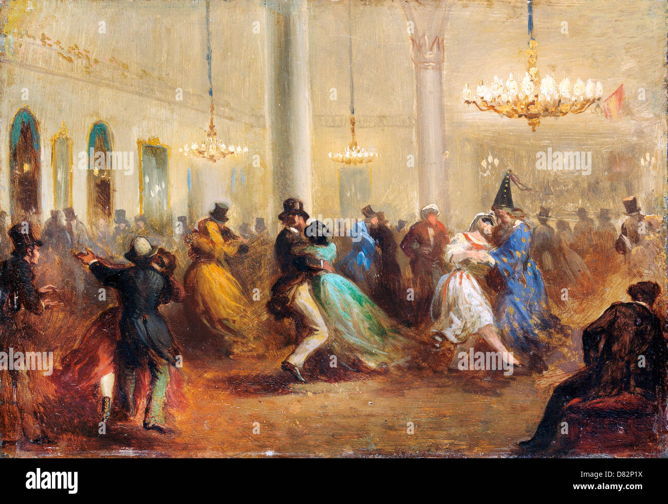 Ricardo Balaca, The Baile de Capellanes 1860-1865 Oil on tinplate. Bilbao Fine Arts Museum, Bilbao, Spain. Stock Photo