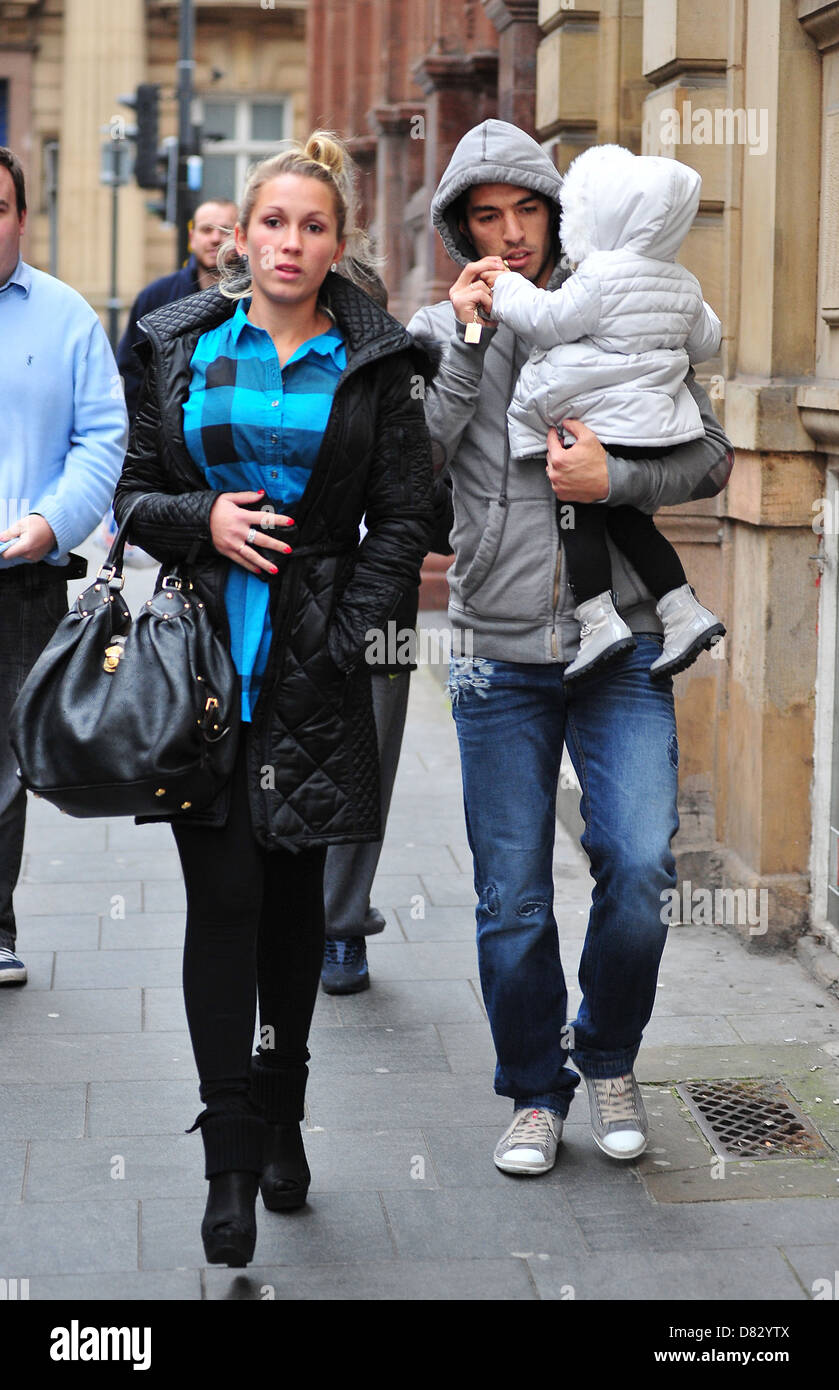 Luis Suarez with his wife Sofia and daughter Delfina enjoyed an early Valentine's lunch at the San Carlo restaurant in Stock Photo