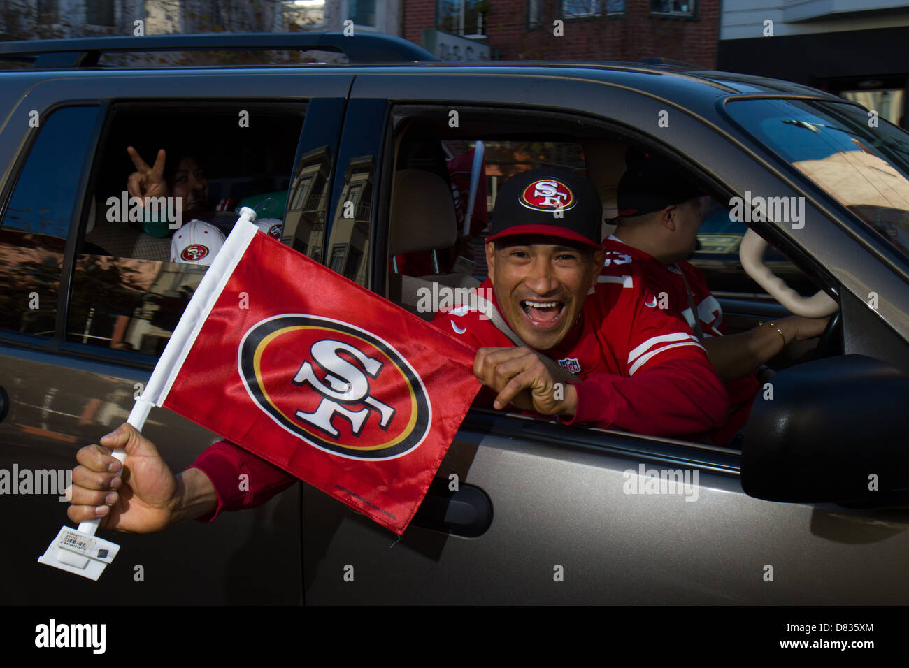 49ers fan celebrates playoff victory over Atlanta Falcons. 1/20/2013. Stock Photo