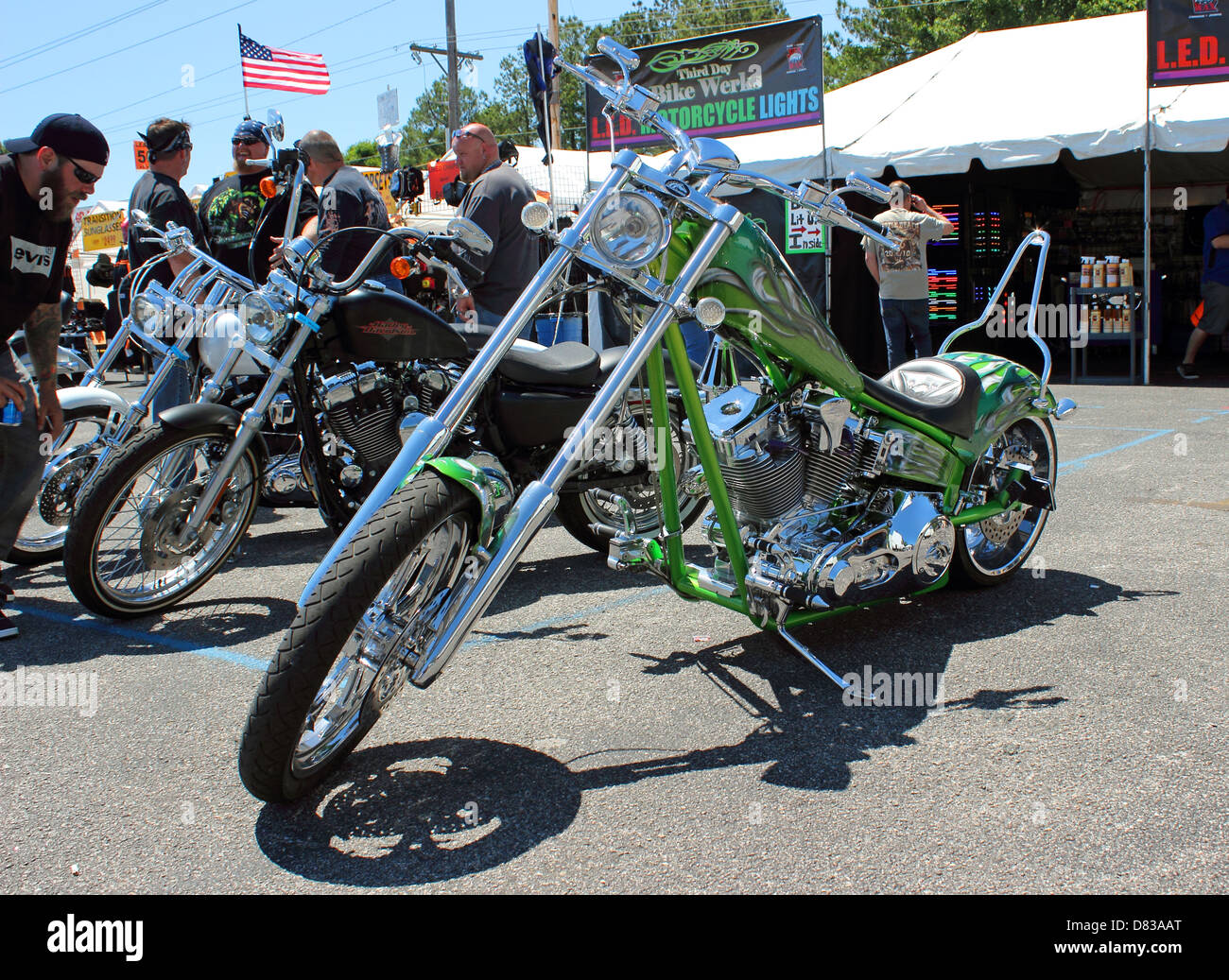 A lime green Harley Davidson Chopper at Myrtle Beach Bike Week 2013, May 14th 2013 Stock Photo
