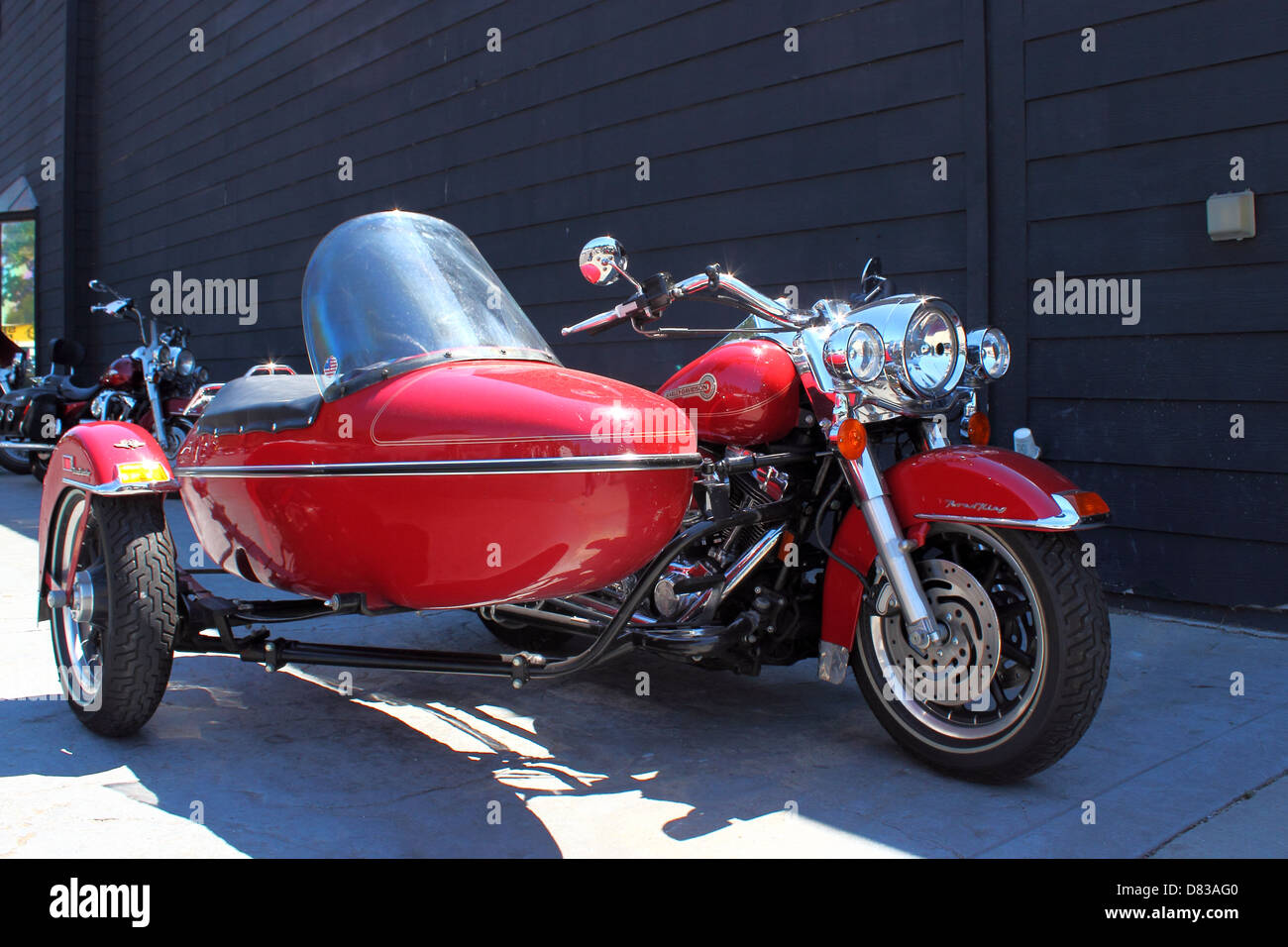 A red Harley Davidson with attached side car at Myrtle Beach Bike Week 2013, May 14th 2013 Stock Photo