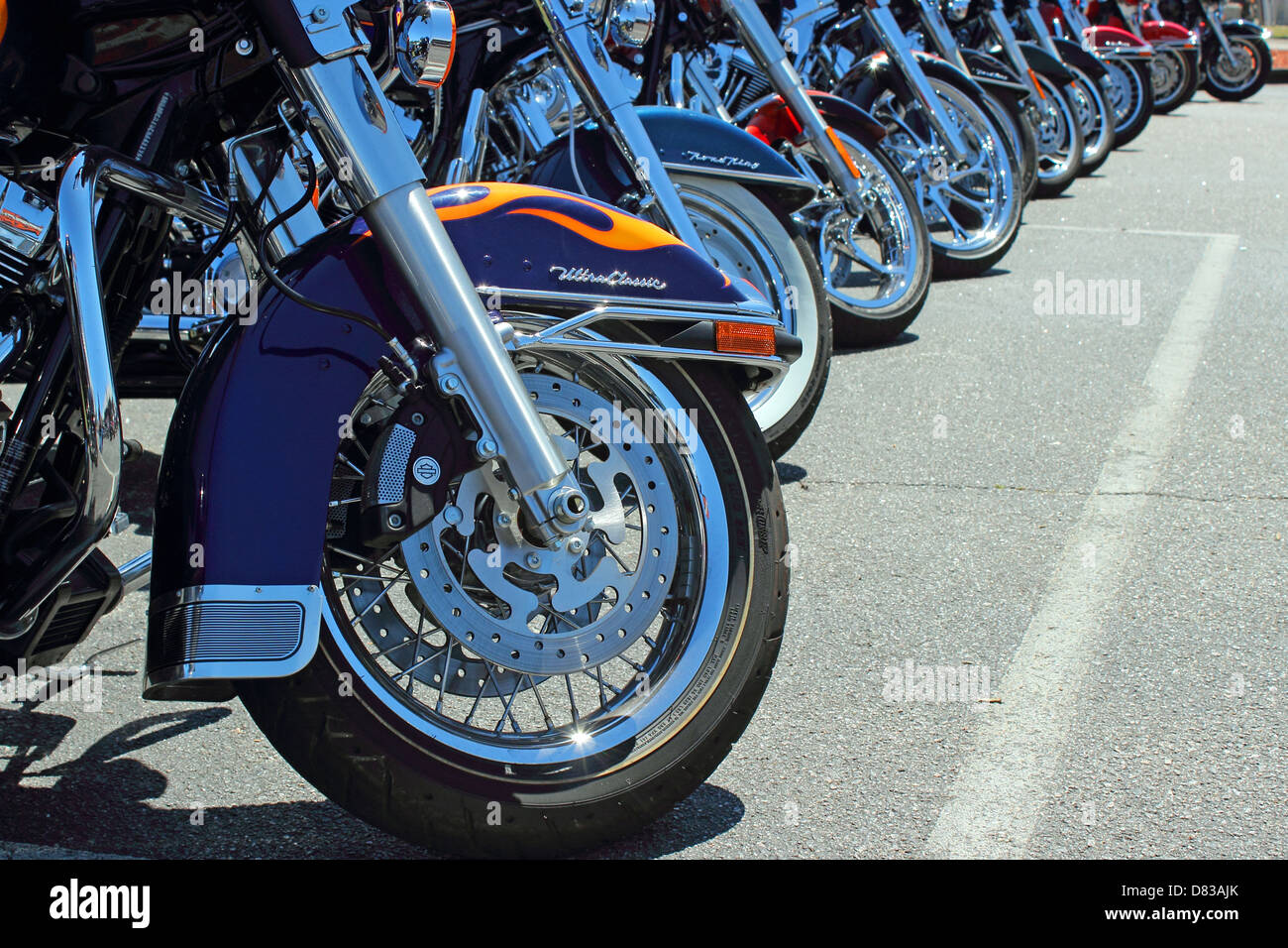 A line of Harley Davidson motorcycles at Myrtle Beach Bike Week 2013, May 14th 2013 Stock Photo