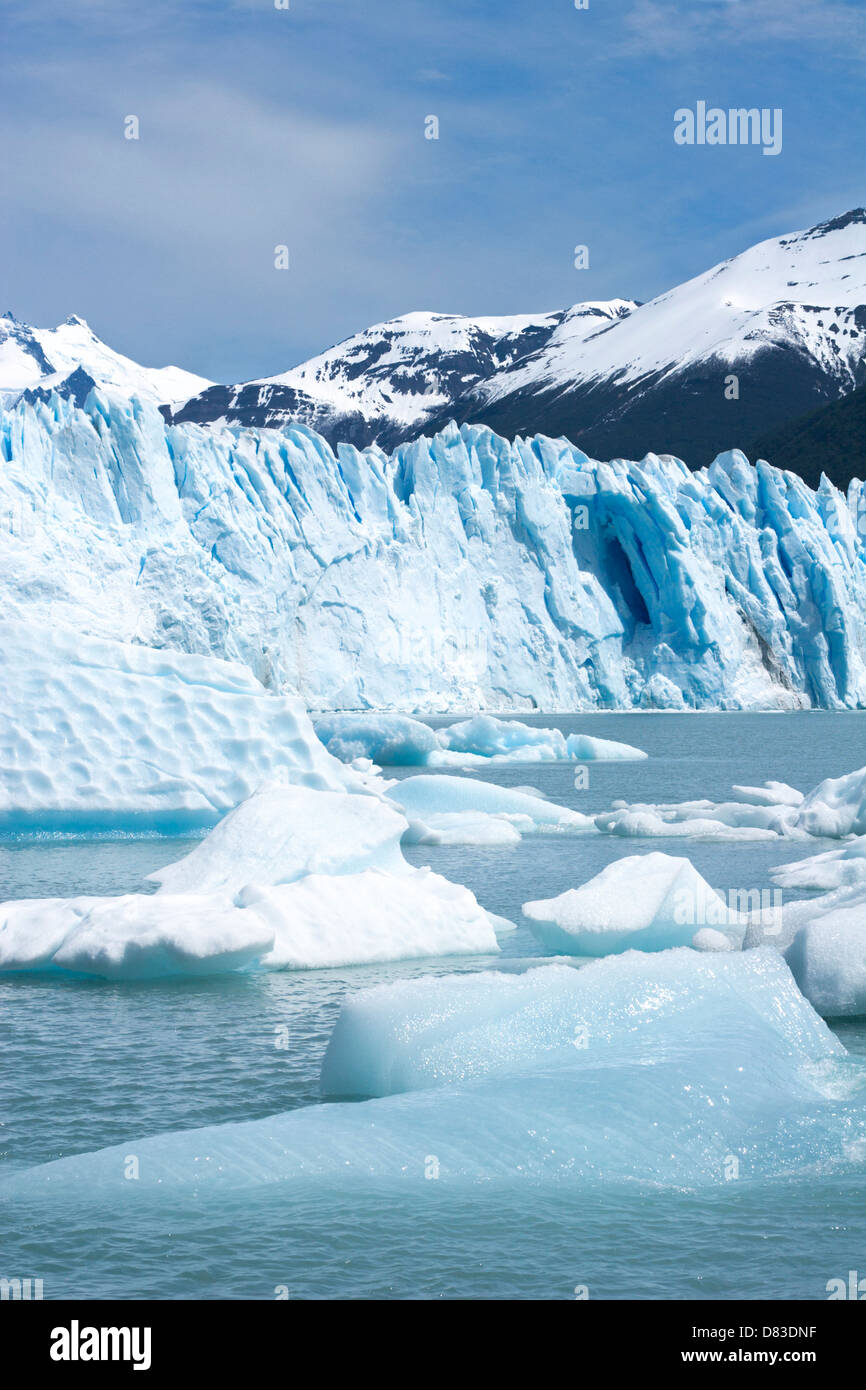 Perito Moreno Glacier and icebergs in Canal de los Tempanos (Iceberg channel), Lake Argentino, in Los Glaciares National Park, Argentina Stock Photo