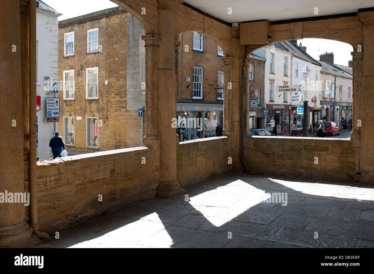 View from inside the Market House, Ilminster, Somerset, England, UK Stock Photo