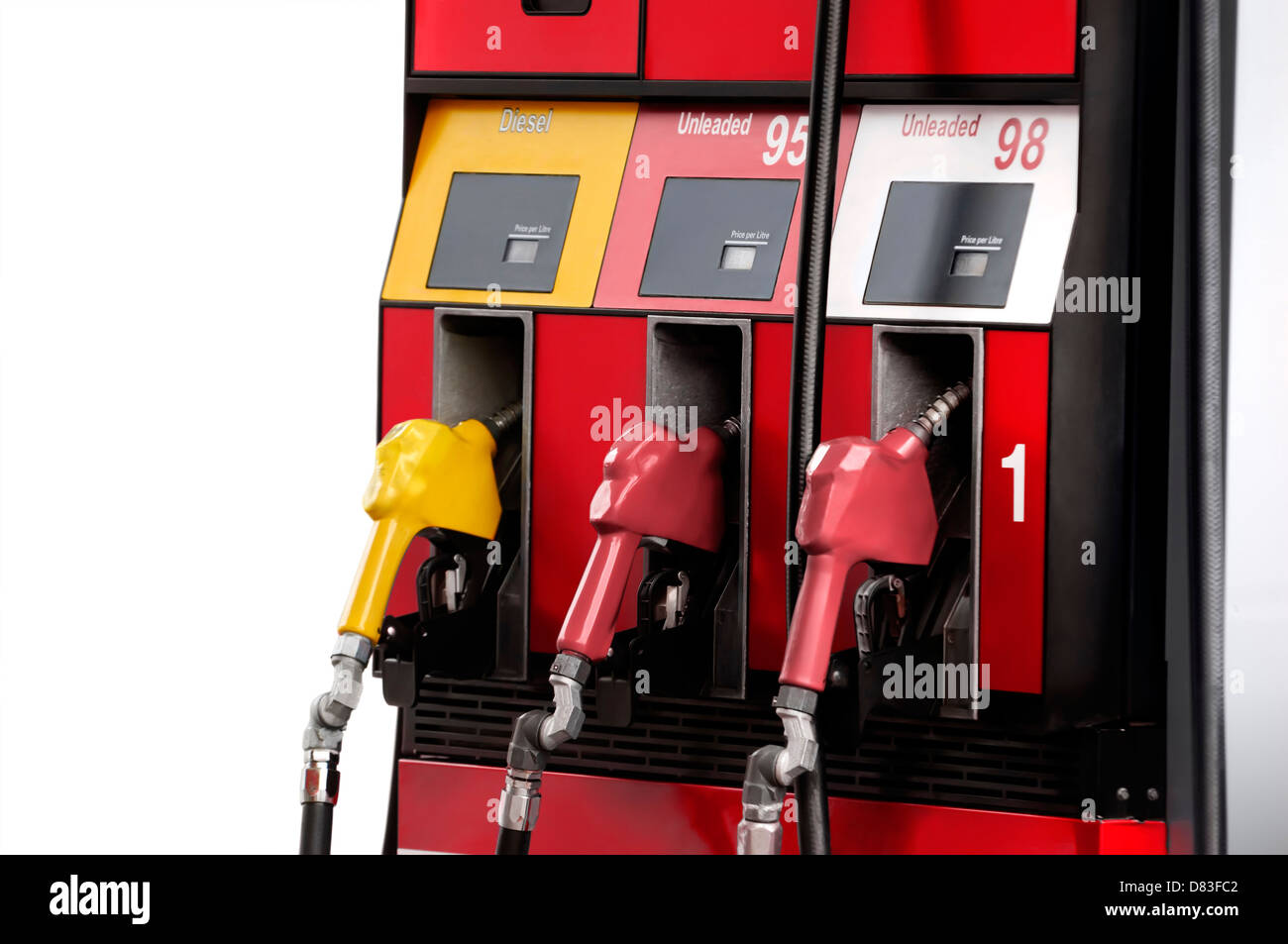 Gas pump with unleaded 95 and 98 petrol, regular and premium gasoline, and diesel fuel isolated on white background Stock Photo