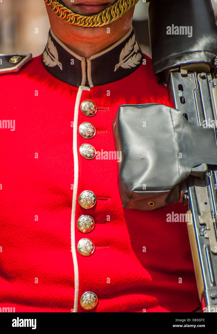 Detail Scots Guardsman in Ceremonial uniform, London Stock Photo