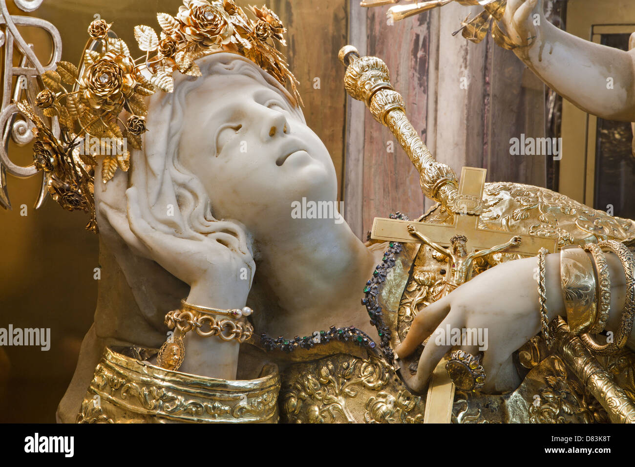 PALERMO - APRIL 9: Statue of Santa Rosalia patron saint of Palermo in cave of Santuario Santa Rosalia. Stock Photo