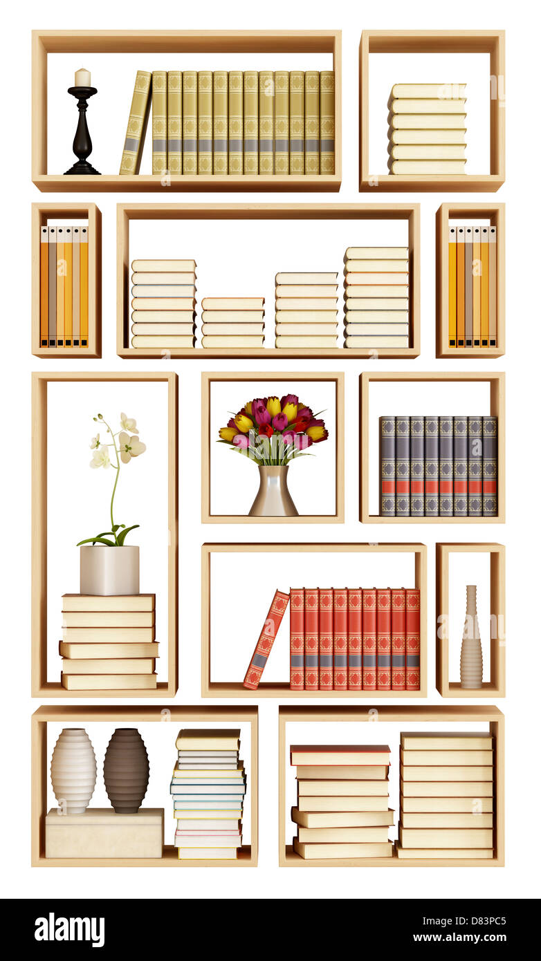 Wall bookcase with books and objects isolated on white - rendering Stock Photo