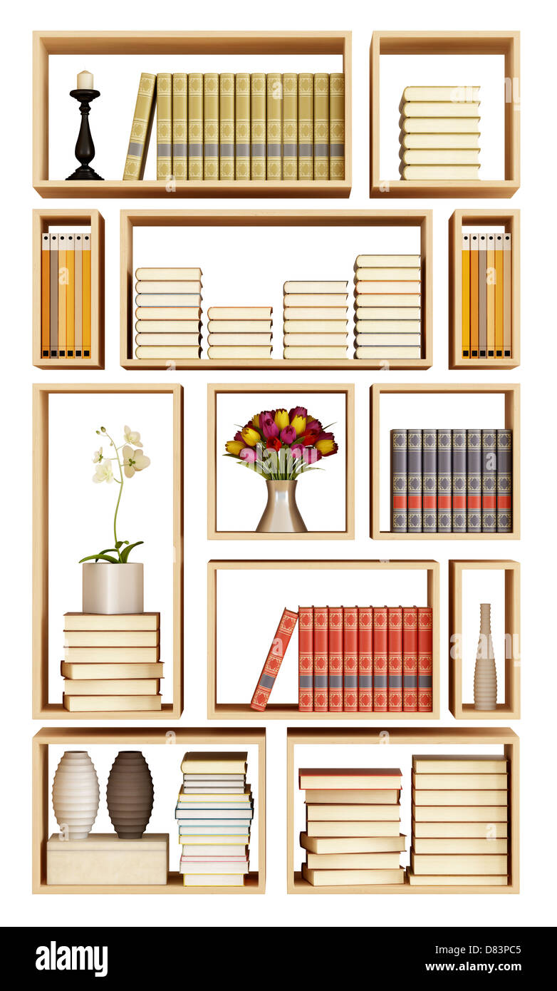 Wall bookcase with books and objects isolated on white - rendering ...
