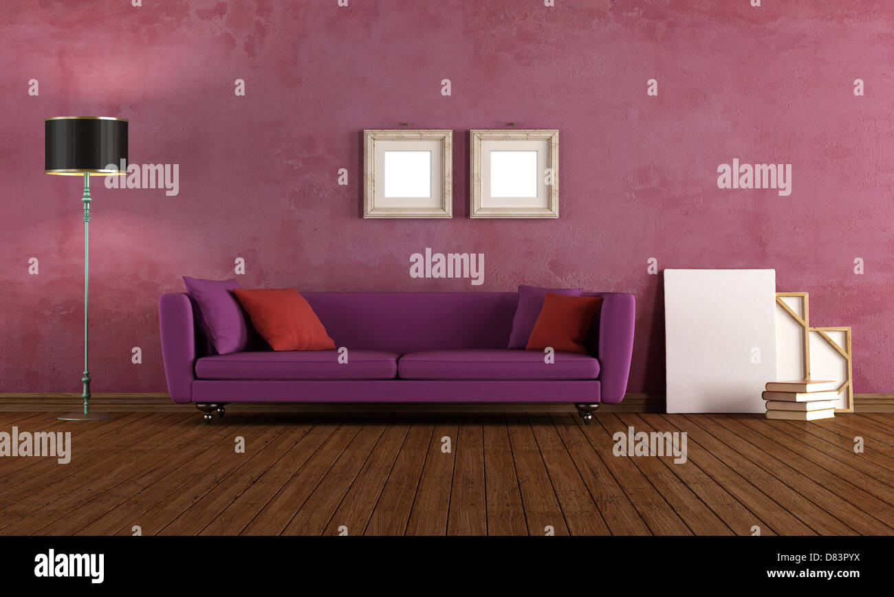 purple grunge room with elegant sofa - rendering Stock Photo - Alamy