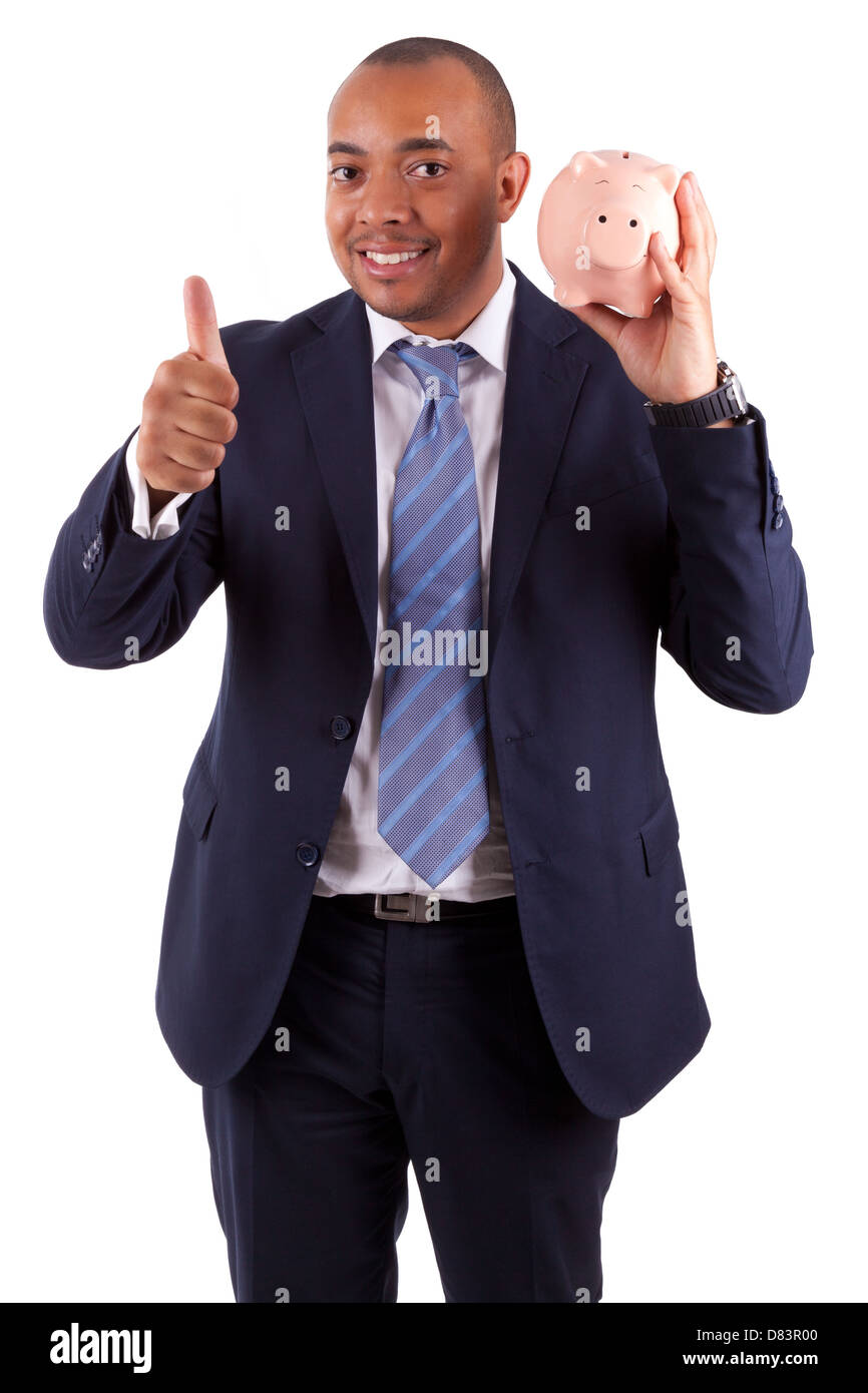 African American business man holding a piggy bank making thumbs up ...