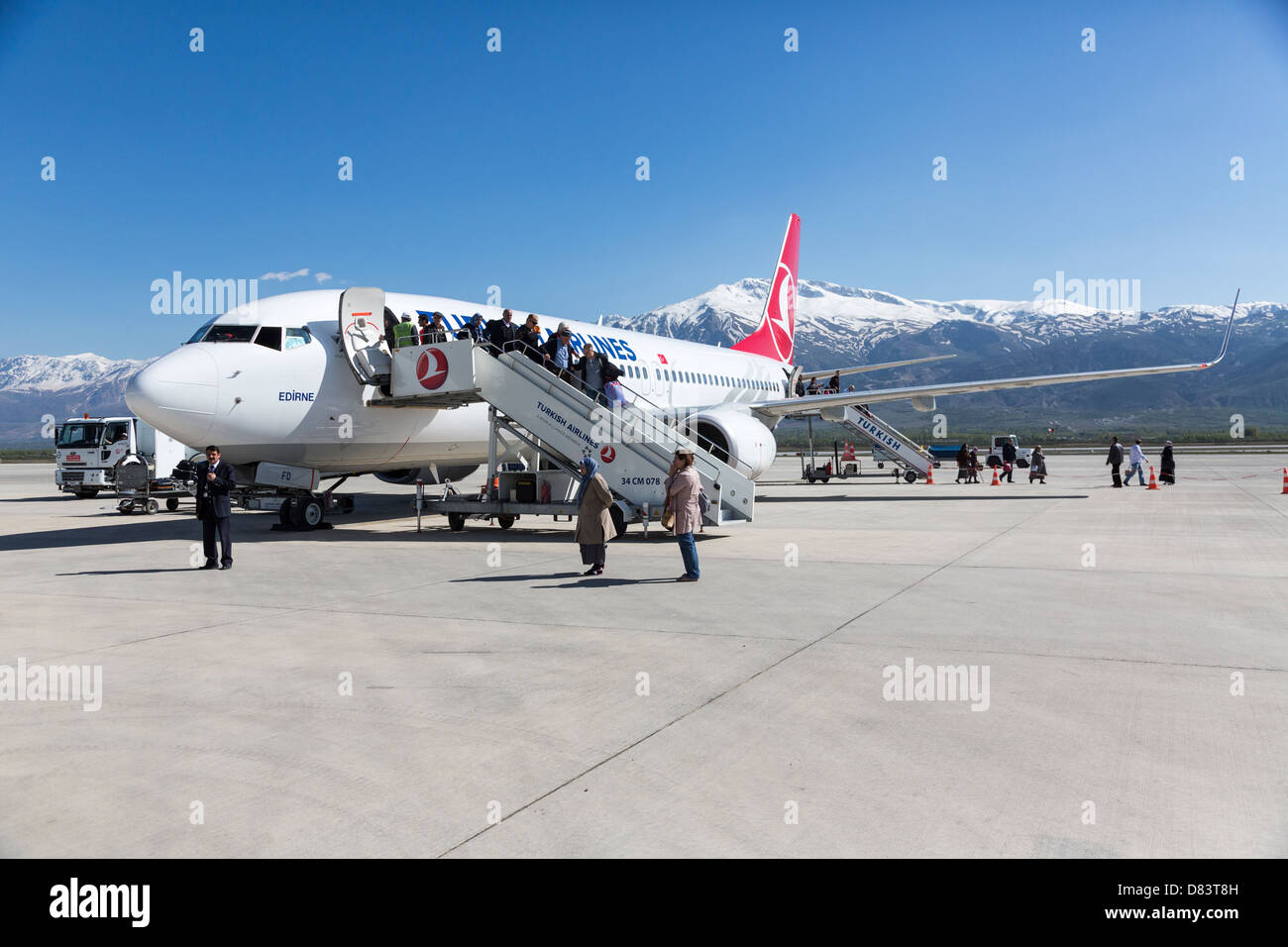 passengers disembarking from Turkish Airlines plane Erzincan Airport, Anatoila, Turkey Stock Photo