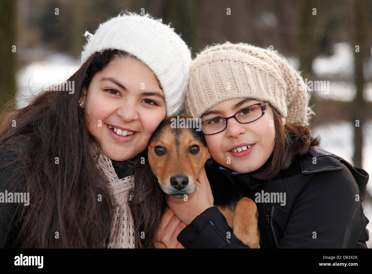 kids with dog Stock Photo