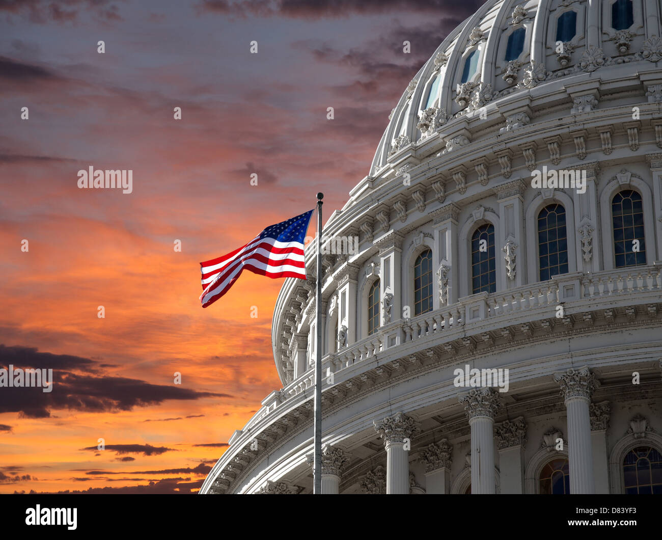 Sunset sky over the US Capitol building dome in Washington DC. Stock Photo