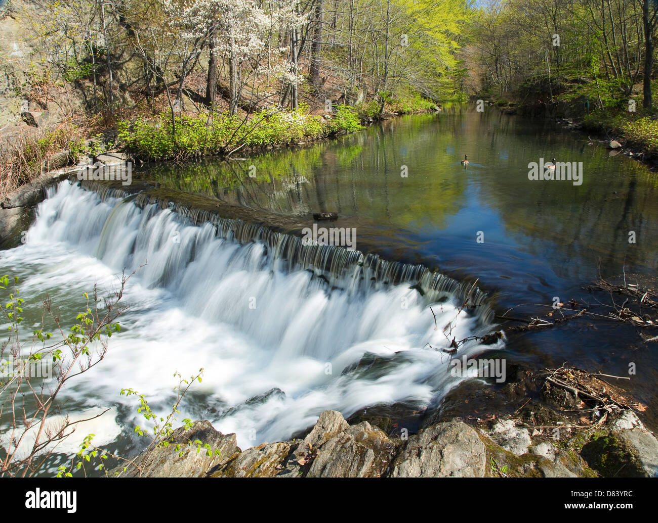 Time Lapse Waterfall with still lake in the distance Stock Photo