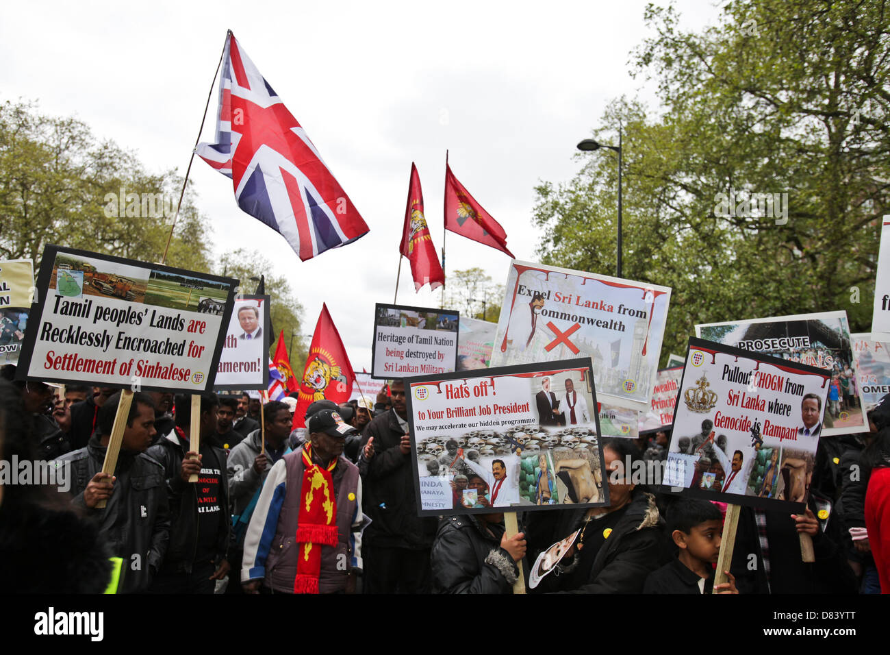 London, UK. 18th May 2013. . Thousands of Tamils march through central London to commemorate those killed during the final stages of the Sri Lankan civil war and to call on Prime Minister David Cameron to boycott the Commonwealth Heads of Government Meeting, to be held on Colombo in November 2013. Credit:  Rob Pinney / Alamy Live News Stock Photo