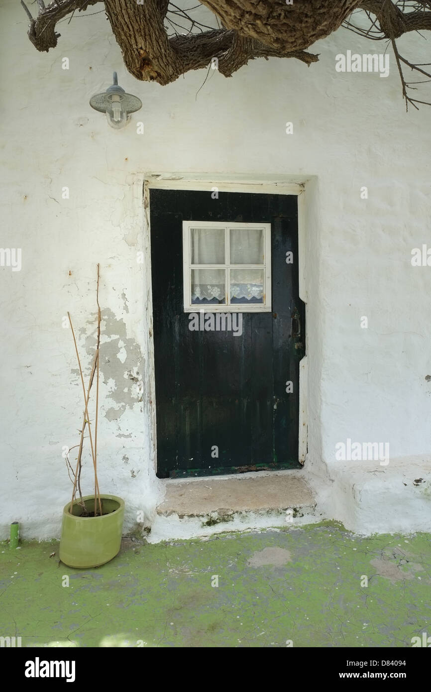 Door of Spanish house with vine above, Es Grau, Menorca, Spain Stock Photo