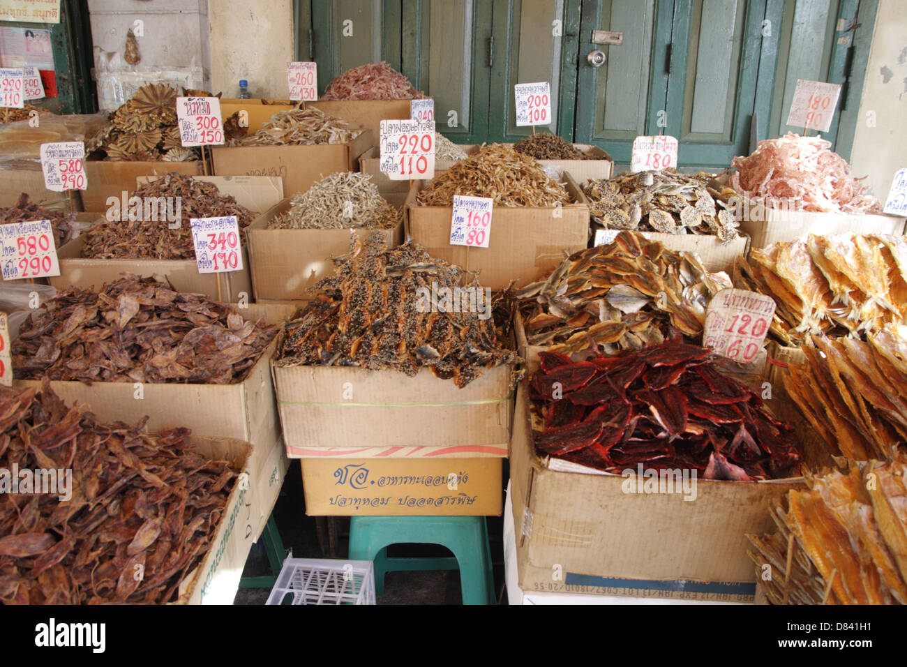 Dried food stall at Tha Tian dried sea food market in Bangkok