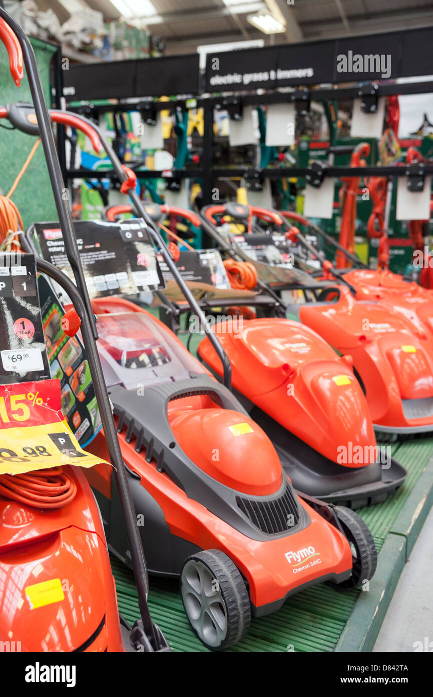 Lawn mowers for sale in a B&Q store, Bristol, UK. Stock Photo