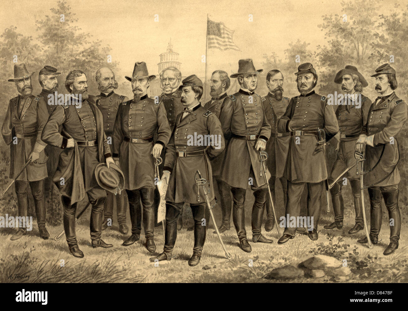 U.S. Army and Cavalry officers in front of the U.S. Capitol Building, circa 1862, during USA Civil War Stock Photo
