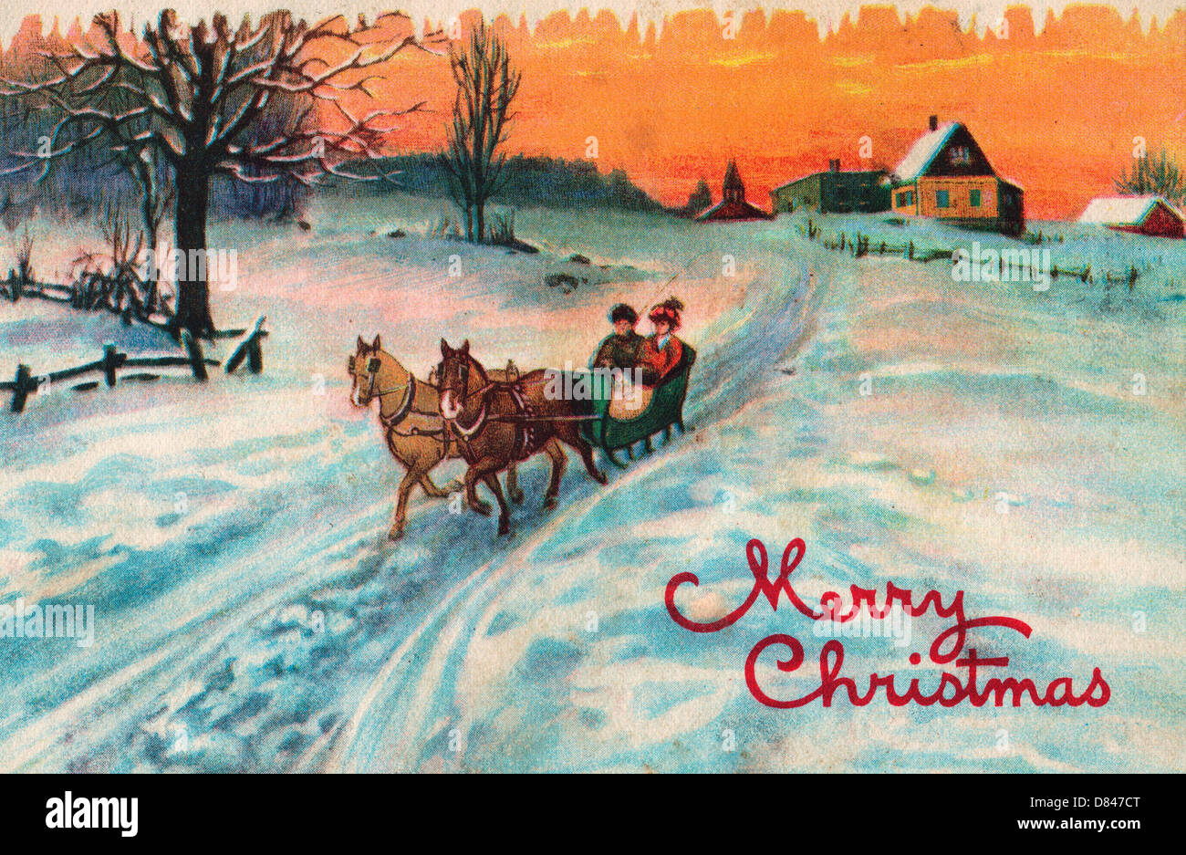 Merry Christmas - Vintage Card with couple in horse drawn sleigh Stock Photo